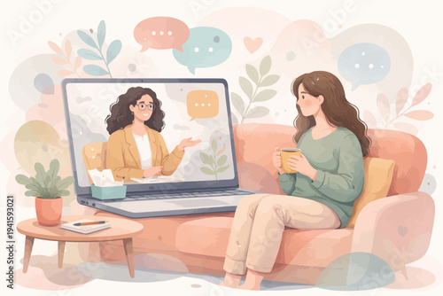 Young caucasian female engaging in virtual therapy session from cozy living room