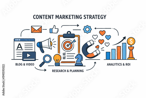 Comprehensive content marketing strategy diagram with research and analytics icons