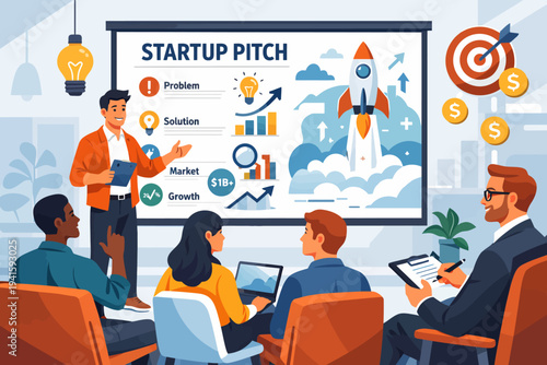 Diverse team in startup pitch presentation with growth strategy and rocket illustration