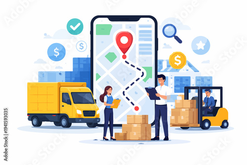 Logistics team managing delivery: route planning and package tracking concept