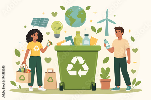 Recycling awareness: diverse young adults promoting eco-friendly practices