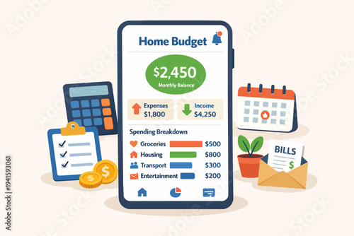 Mobile budget app interface with expense breakdown and financial tools