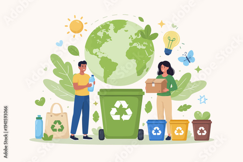 Young multiracial adults engaged in recycling and environmental conservation activities