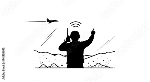Military air traffic controller directing jet fighter with radio, communication, control tower, warfare concept