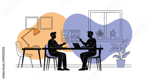 Vector illustration of two people working at a desk in an office
