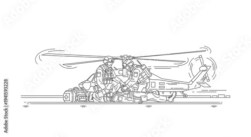Military Helicopter Rescue Operation: Medics Aid Injured Soldier on Landing Pad