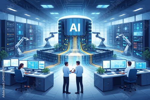 Advanced ai data center with engineers and robotic arms in high-tech facility