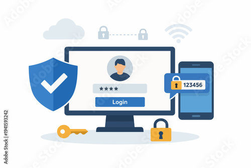Secure online authentication with password, mobile verification, and shield icon