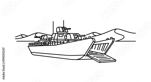 Military Landing Craft with Open Ramp and Guns, Desert Landscape Background
