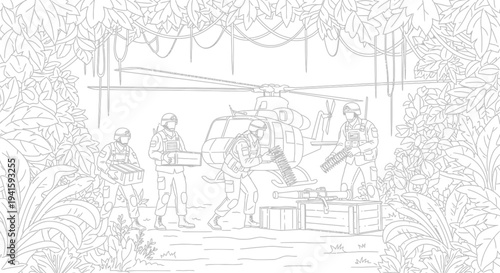 Military Helicopter Landing in Jungle with Soldiers and Supplies