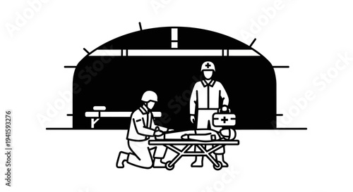 Military Medic Tends to Injured Soldier on Stretcher Inside Bunker