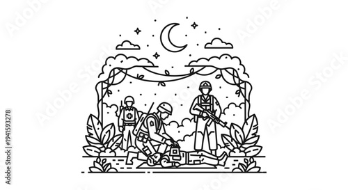 Military medical aid at night, soldiers helping injured comrade under moonlit sky
