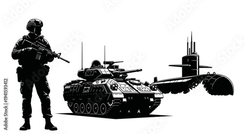 Military Power: Soldier, Tank, and Submarine Silhouette - Combined Arms Concept