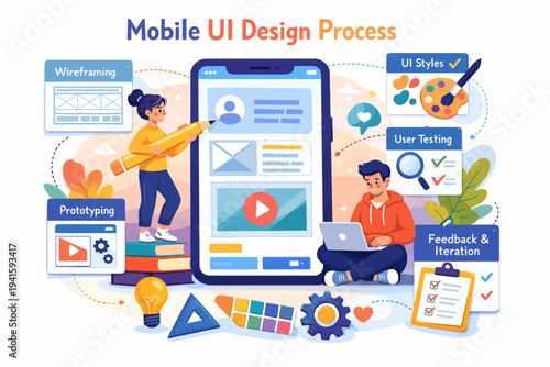 Mobile ui design process with diverse team working on wireframing and prototyping