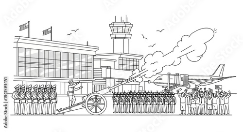 Military Salute at Airport Opening Ceremony with Cannon Fire and Aircraft