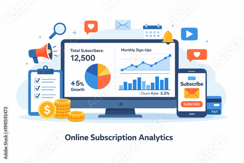 Digital marketing dashboard with subscription analytics and growth metrics