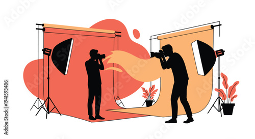 Vector illustration of two photographers at work with studio lighting