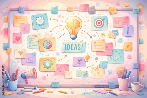 Creative brainstorming board with post-its and light bulb illustration
