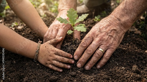 child and adult hands planting small tree sapling in dirt outdoors