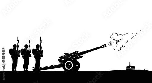 Military Salute: Soldiers Fire Cannon Near Submarine Silhouette