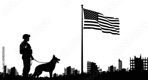 Military Soldier and Dog Stand Guard in Ruined City Under American Flag