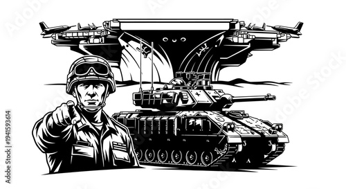 Military Soldier Pointing Finger, Tank, Aircraft Carrier, and Fighter Jets - War Power Concept