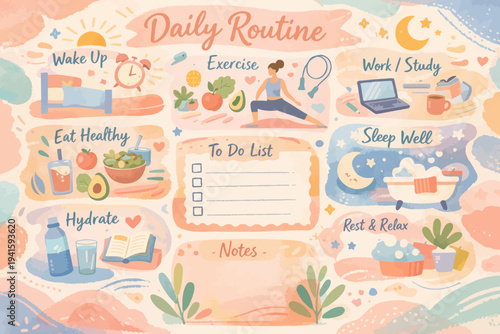 Daily routine inspiration with exercise, healthy eating, relaxation and productivity