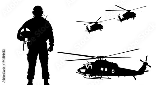 Military Soldier Silhouette with Helicopters