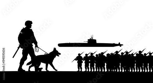 Military Soldier with Dog and Submarine Silhouette, Troops Marching