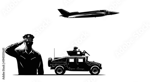 Military Soldier Saluting Beside Humvee with Fighter Jet Flying Overhead