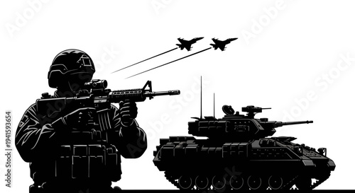 Military Soldier with Rifle, Tank, and Fighter Jets in Silhouette