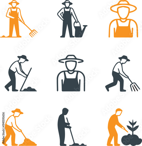Minimalist Farmer and Gardener Icon Set - Flat Vector Illustrations of Agricultural Workers, Planting, and Harvesting