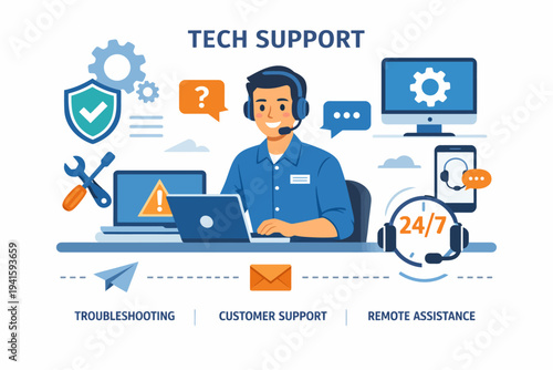 Male tech support agent assisting customers with computer troubleshooting services