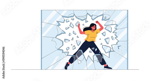 Determined woman breaks through a glass ceiling or barrier representing empowerment and overcoming obstacles.