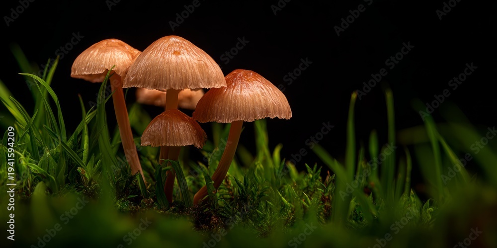 Fototapeta premium Woodland Mushrooms: A Small Cluster Amidst the Grasses Against a Dark Backdrop.