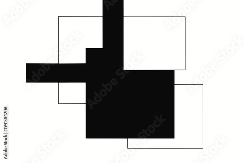 Black and white overlapping rectangle and square abstract minimalist geometric background. Flat vector monochrome composition with bold blocks and thin outlines. Clean modern wallpaper