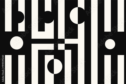 Black and cream vertical stripe and circle abstract geometric Bauhaus background. Flat vector monochrome pattern with bold columns and semicircle accents. Modern graphic wallpaper