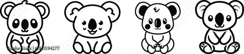Cute koala vector outline illustration set.