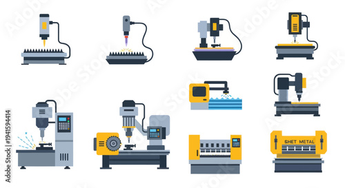 Collection of Various Industrial CNC Milling Machines in Vector Illustration.