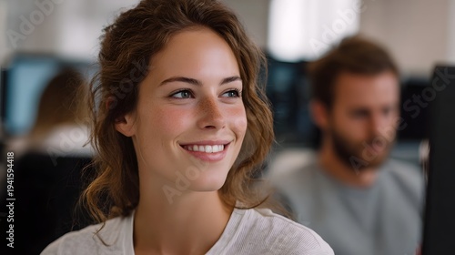 Free Download A young professional woman smiles in a bright modern office environment - GFXLoad