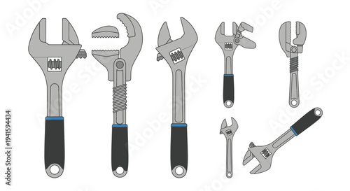 Collection of Adjustable Wrenches with Black Handles in Various Sizes and Styles.