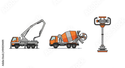 Construction vehicles including concrete mixer pump truck and concrete vibrator.