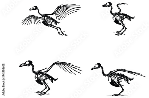 Bird Skeleton Flying and Standing Silhouette Icon Collection