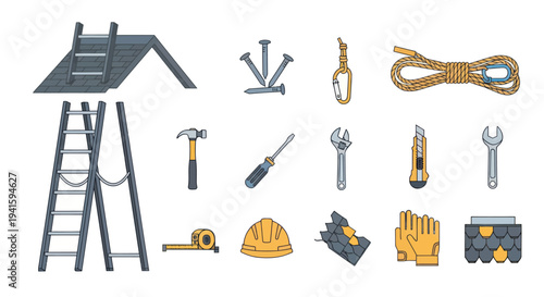 Collection of Construction and Repair Tools: Ladder Hammer Screwdriver Nails Rope Wrench and Toolbox.