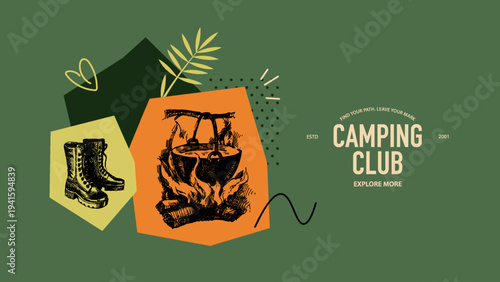 Hand drawn adventure and hiking collage background. Outdoor, camping club and tourism design. Vintage sketch vector illustration