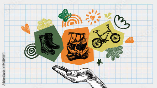 Hand drawn adventure and hiking collage background. Outdoor, camping club and tourism design. Vintage sketch vector illustration