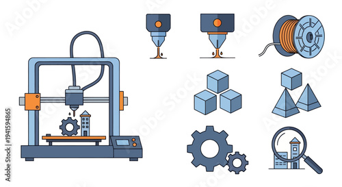 Modern 3D Printer and Manufacturing Icons Set.