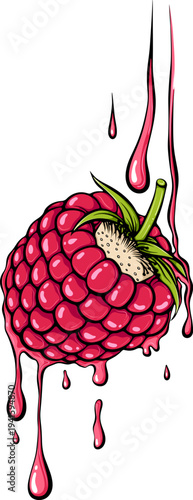 Raspberry berry with dripping juice drops. For organic and juice branding, beverage design or dessert concept. Simple vector color illustration with outline in hand drawn style isolated on white