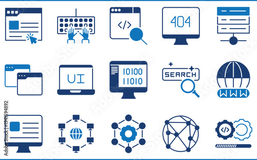A set of icons related to Website. Development, webpage, internet, network, computer, developer, programming, coding, and so on.