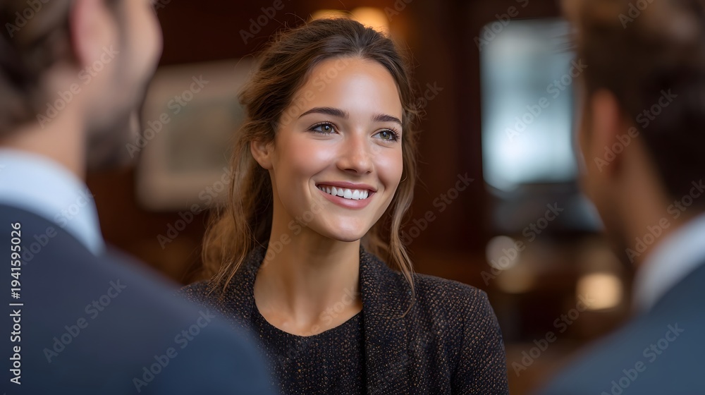 Fototapeta premium A smiling woman engages in a positive conversation with colleagues in a professional indoor setting